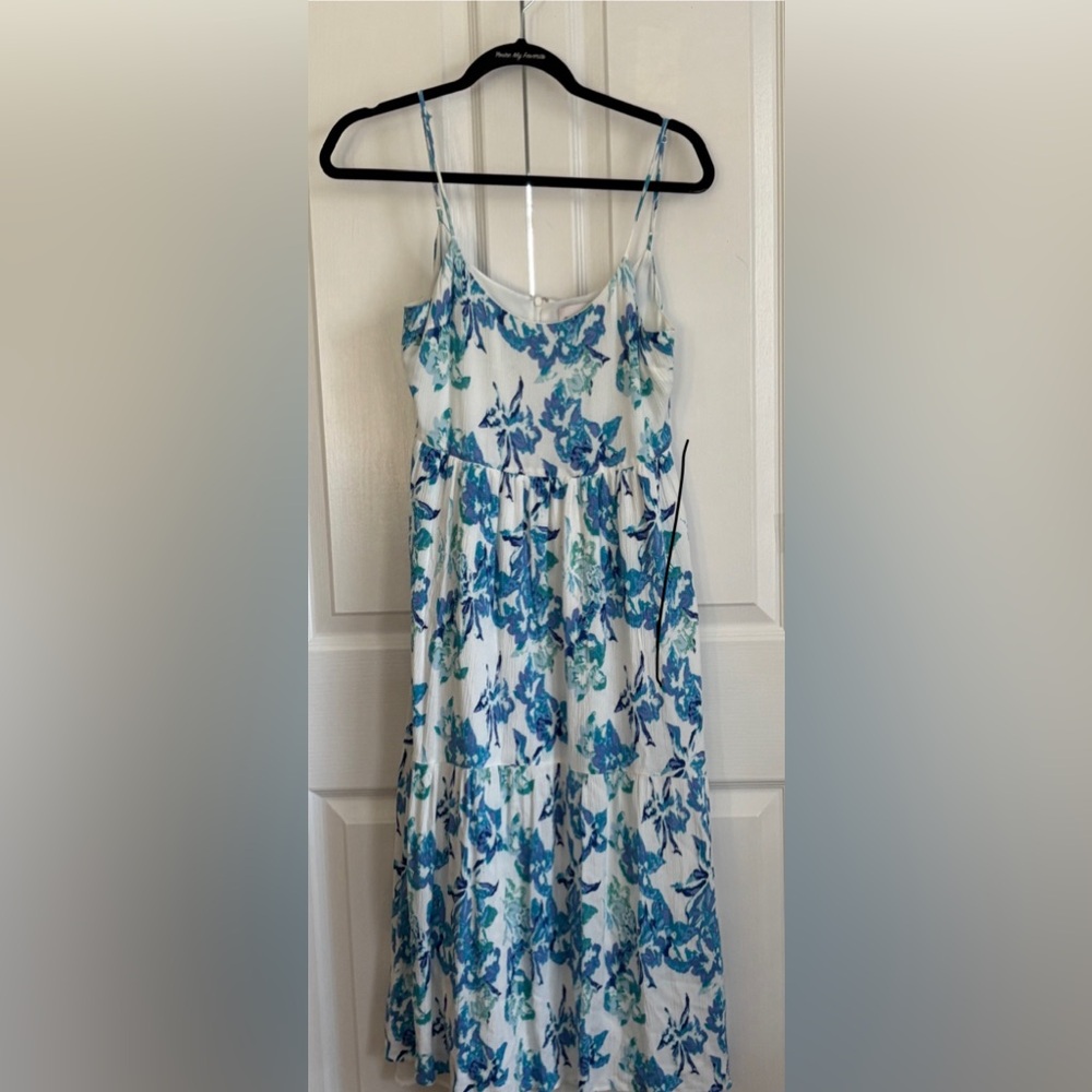CHANDLER HENRY DRESS,  Women White/Blue Floral Tiered Maxi, size